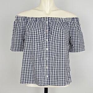 Reitmans Women's Navy White Gingham Mini Checkered Off Shoulder Cotton Top Sz M